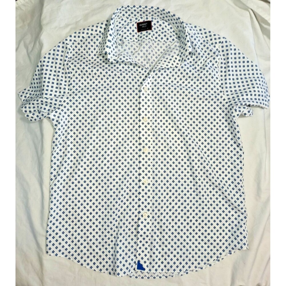 Women's UNTUCKit Medium White Blue Geometric Print Stretch Button Front Shirt